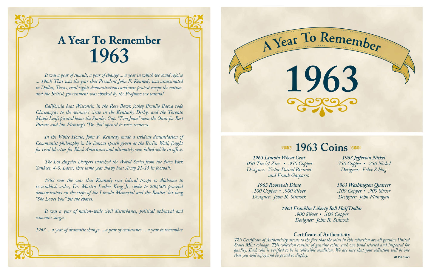 1963 Time Capsule Coin Collection | Half Dollar, Quarter, Dime, Nickel and Penny Set - Titan Treasure Trove