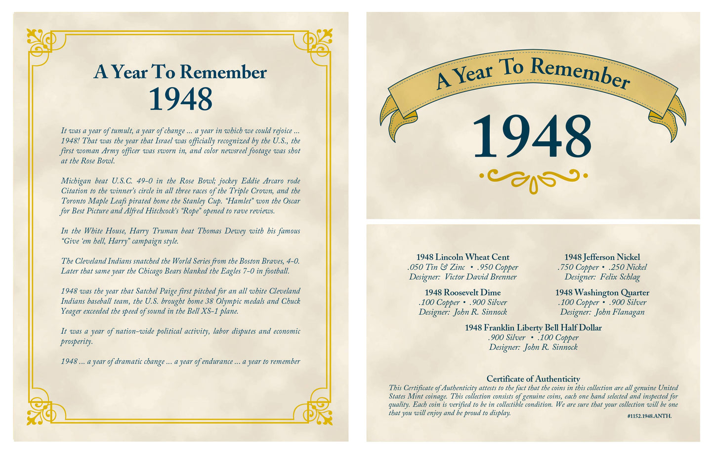 1948 Time Capsule Coin Collection | Half Dollar, Quarter, Dime, Nickel and Penny Set - Titan Treasure Trove