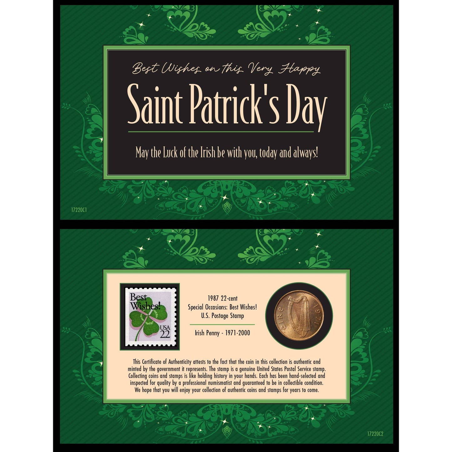 A Coin and Stamp St. Patrick's Day Greeting Card | Irish Penny and; US Best Wishes Stamp - Titan Treasure Trove