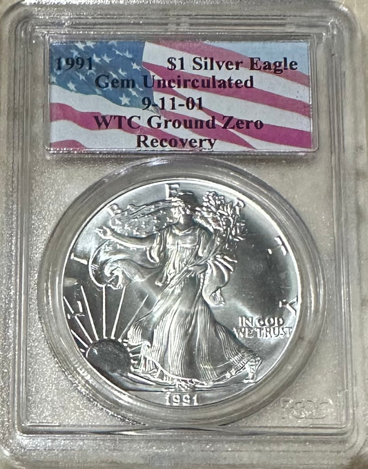 1991 American Silver Eagle – WTC Ground Zero Recovery | Gem Uncirculated | 9/11 Memorial Issue | 1 oz .999 Fine Silver