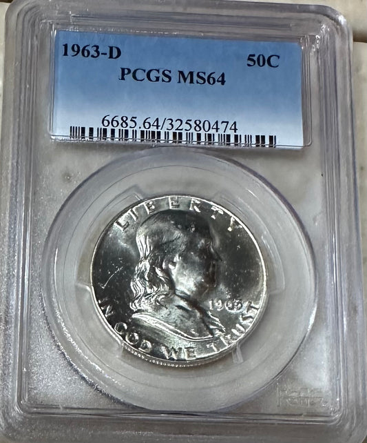 1963-D Franklin Half Dollar – PCGS MS64 | 90% Silver | Final Year Issue | Denver Mint