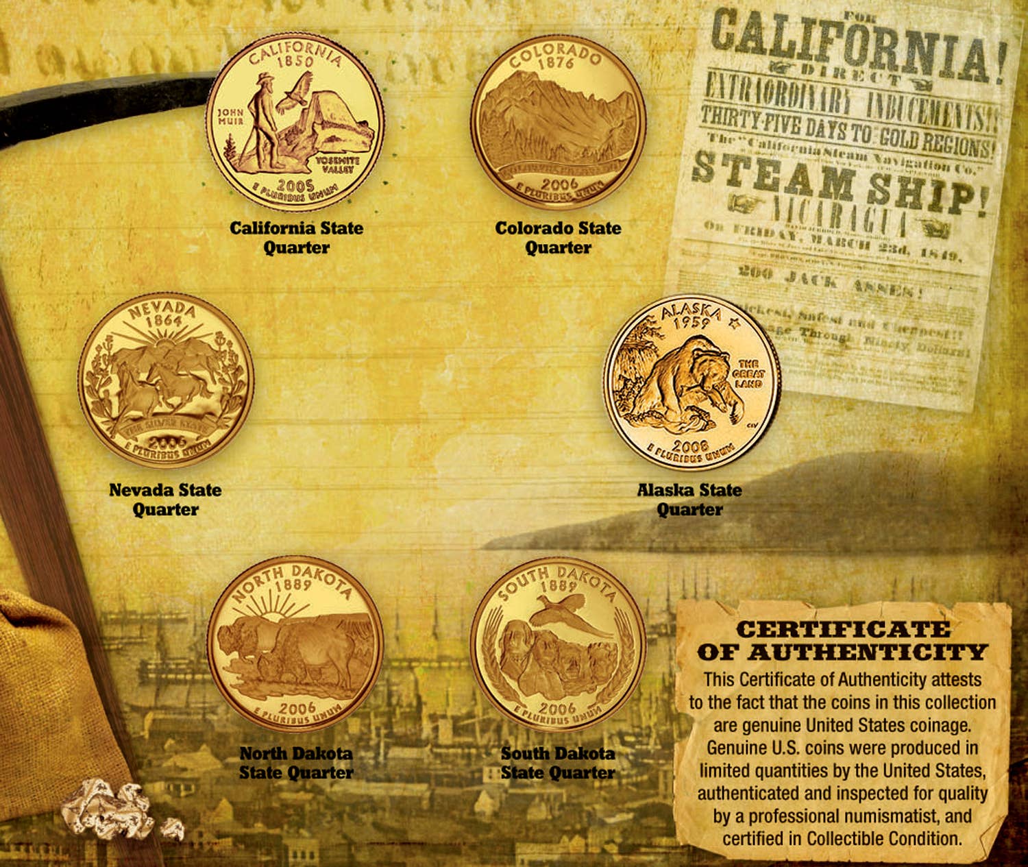 Gold Rush Coin Collection | 24K Gold-Layered State Quarters Tribute to America's Wild West - Titan Treasure Trove