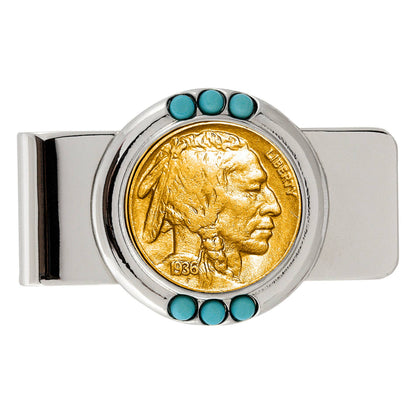 Wild West Buffalo Nickel Turquoise Money Clip | 24K Gold-Layered, High-Polish Finish - Titan Treasure Trove